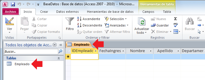 Crear nueva tabla en Access