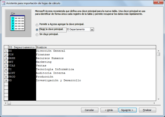 Definir la clave principal de la nueva tabla en Access