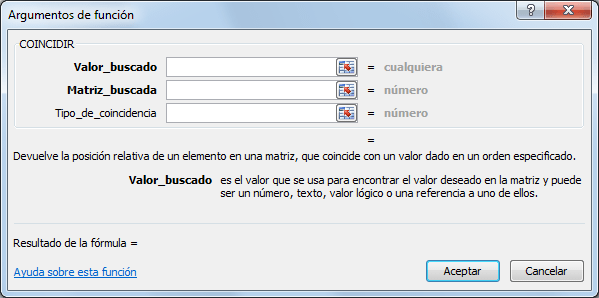 Sintaxis de la función COINCIDIR en Excel