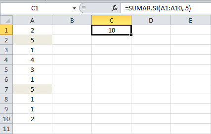 Ejemplo de la función SUMAR.SI en Excel