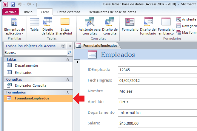 Formulario de Access guardado