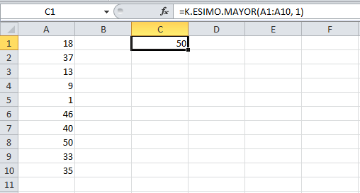 Ejemplo de la función K.ESIMO.MAYOR
