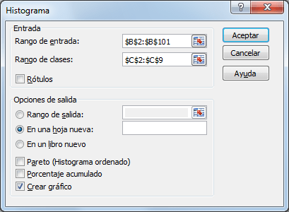 Argumentos para crear histograma en Excel