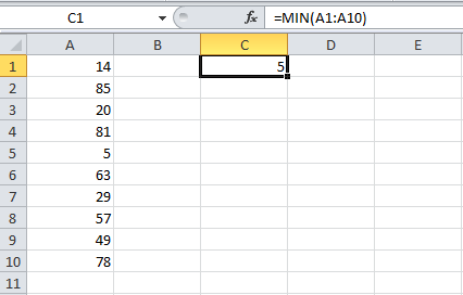 La función MIN con un rango como argumento