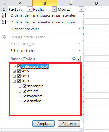 Filtrar fechas en Excel por medio de cajas de selección