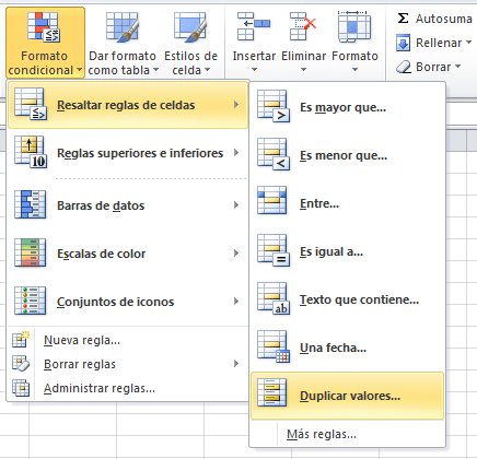 Formato condicional a valores duplicados en Excel