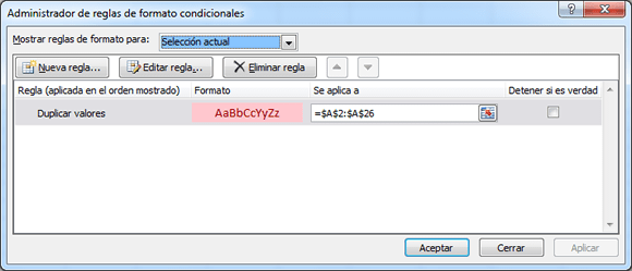 Regla de formato condicional para valores duplicados en Excel