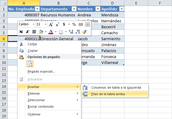 Añadir filas a una tabla en Excel