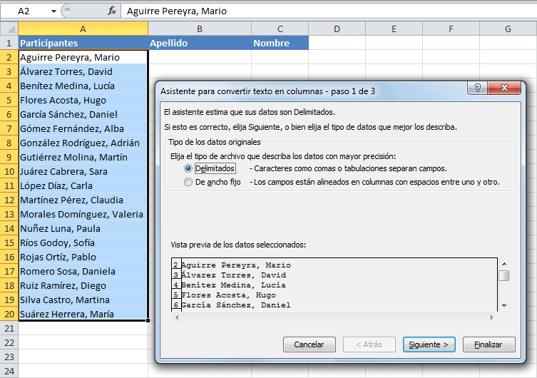 como separar nombres y apellidos en excel