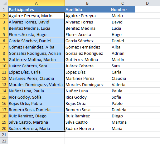 como separar nombres y apellidos en excel