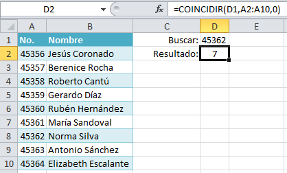 Función COINCIDIR en Excel 