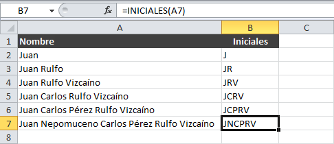 Generar columna con las iniciales del nombre y apellidos en Excel