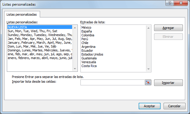 Crear o eliminar una lista personalizada para rellenar en Excel