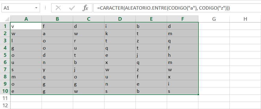 Generar letras aleatoriamente en Excel