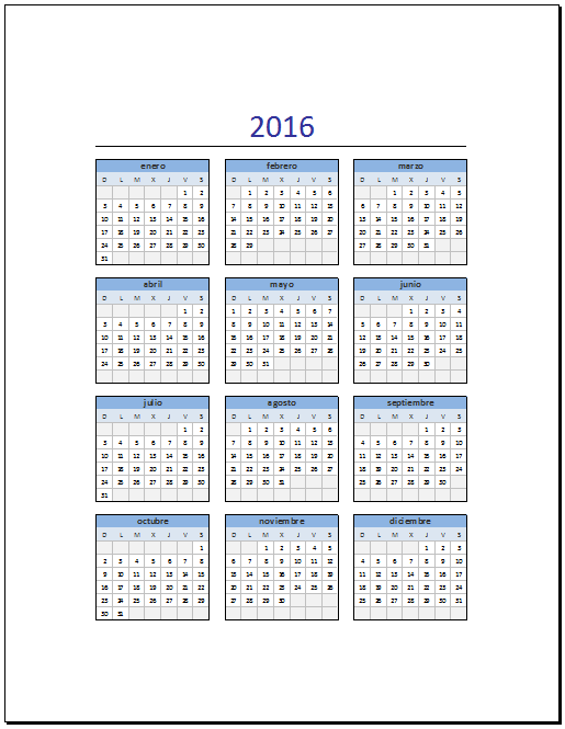 Calendario 2016 en Excel para imprimir