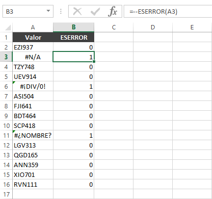 Fórmula para contar errores en Excel