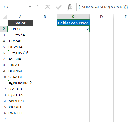 Contar celdas que contienen errores en Excel