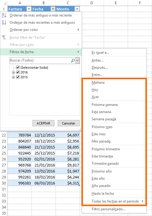 Filtrar fechas en Excel por mes