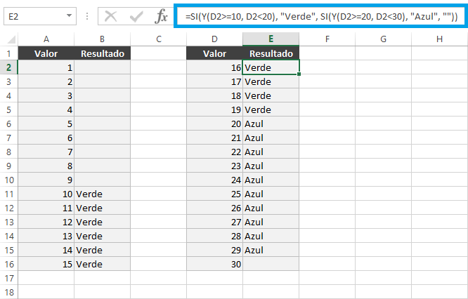 Función SI anidada con rangos de datos en Excel