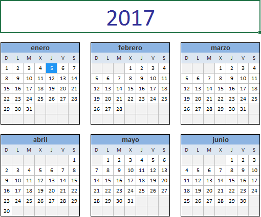 Calendario 2017 Excel domingo a sabado