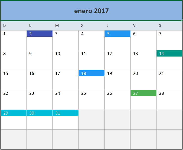 Calendario 2017 Excel Total