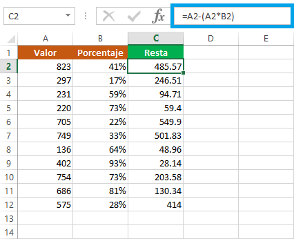 Fórmula para el porcentaje en Excel