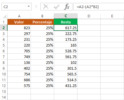 Restar porcentaje de descuento a un precio en Excel