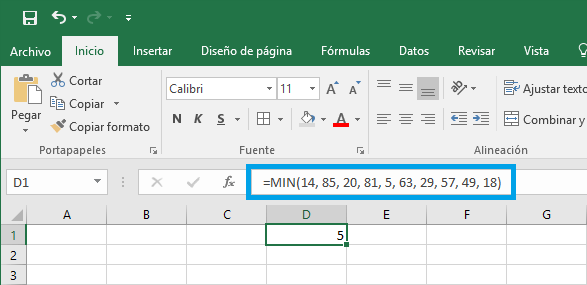Sintaxis de la función MIN en Excel