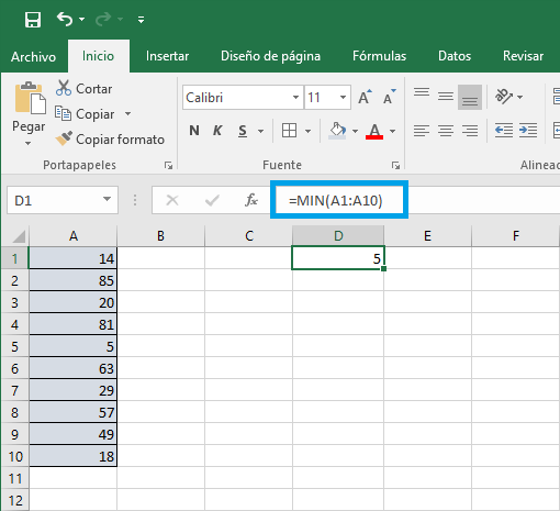 Función MIN Excel