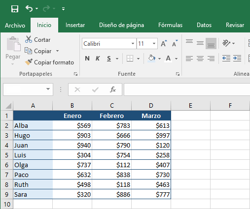 Ejemplo de la función MIN en Excel