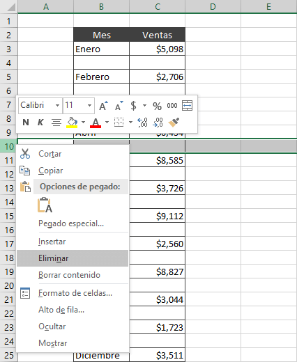 Eliminar filas en blanco en Excel