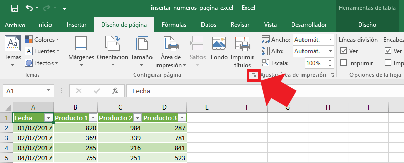 Números de página en encabezado de hoja de Excel