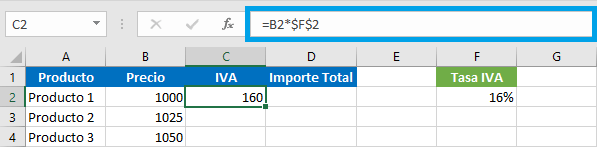 Fórmula para IVA en Excel