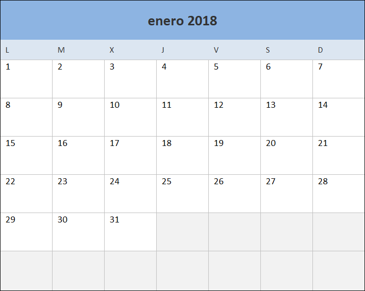 Calendario Excel 2018 para imprimir