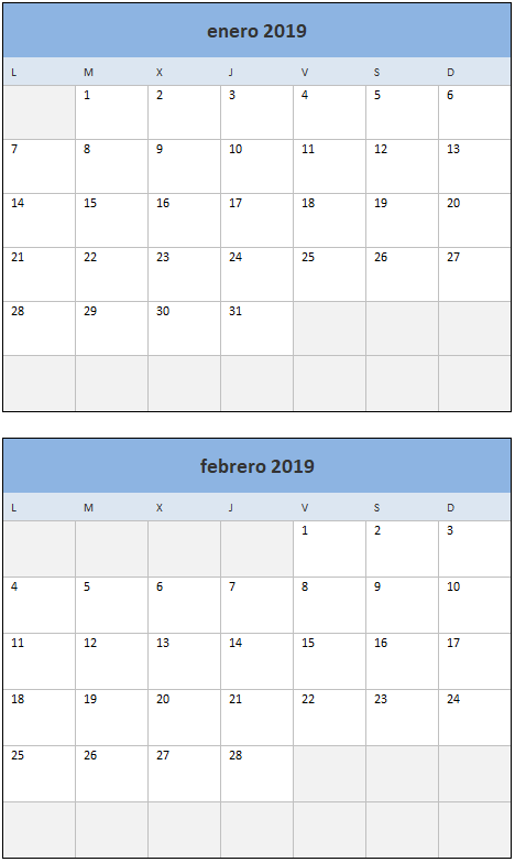 Calendario 2019 en Excel Mensual