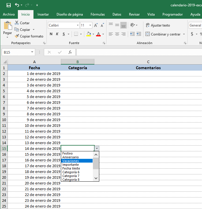 Cómo resaltar los días de un color diferente en el Calendario 2019 de Excel