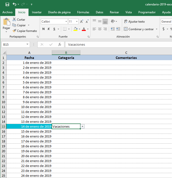 Calendario 2019 en Excel con días de color diferente