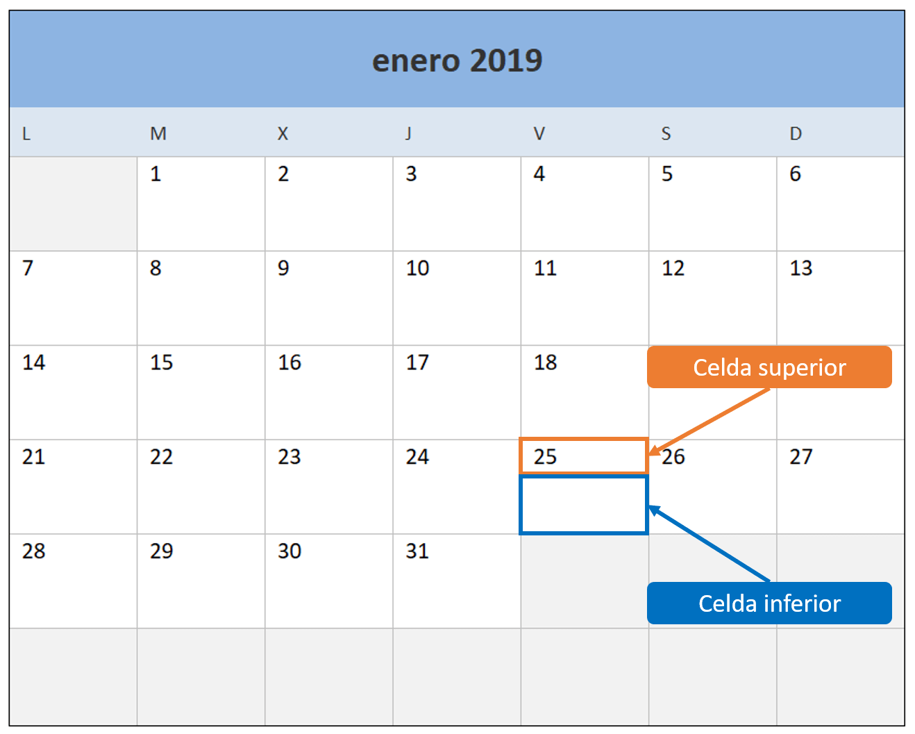Calendario 2019 en Excel mes por mes