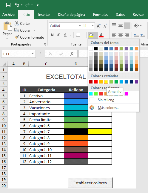 Color de fuente en el Calendario 2019 de Excel