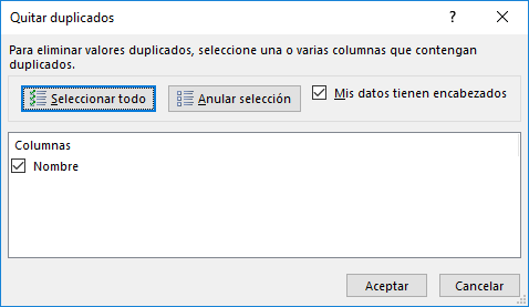 Cuadro de diálogo Quitar duplicados en Excel