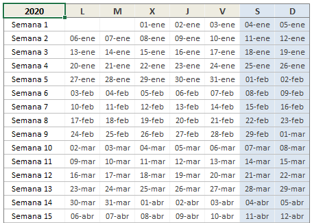 Calendario 2020 Semanal