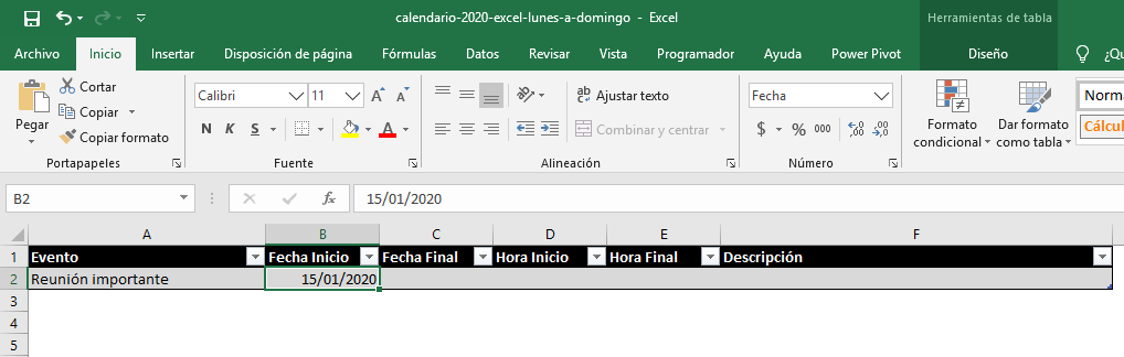 Crear un evento en el Calendario 2020 en Excel