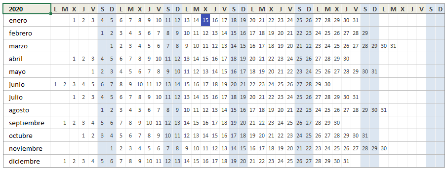 Calendario Excel 2020 listo para imprimir