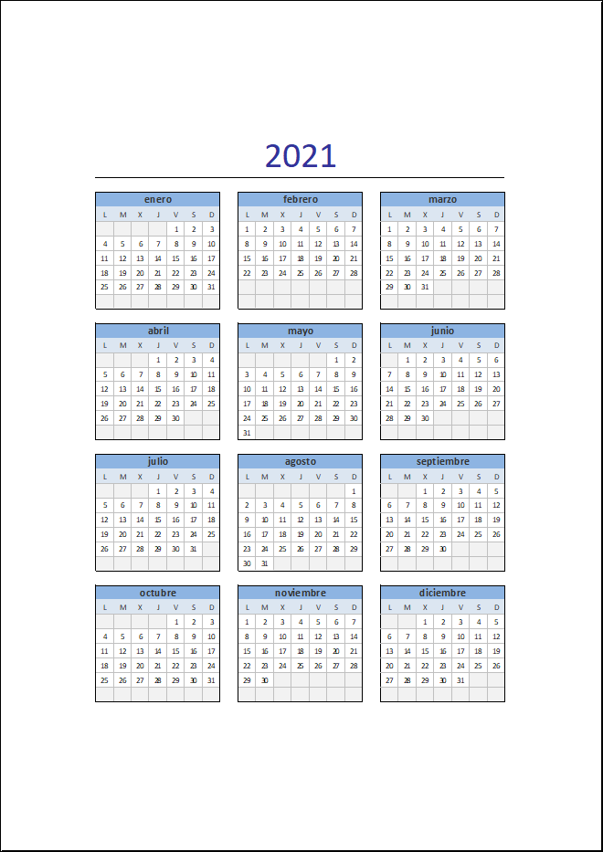 Descarga El Calendario 2021 En Excel Excel Total