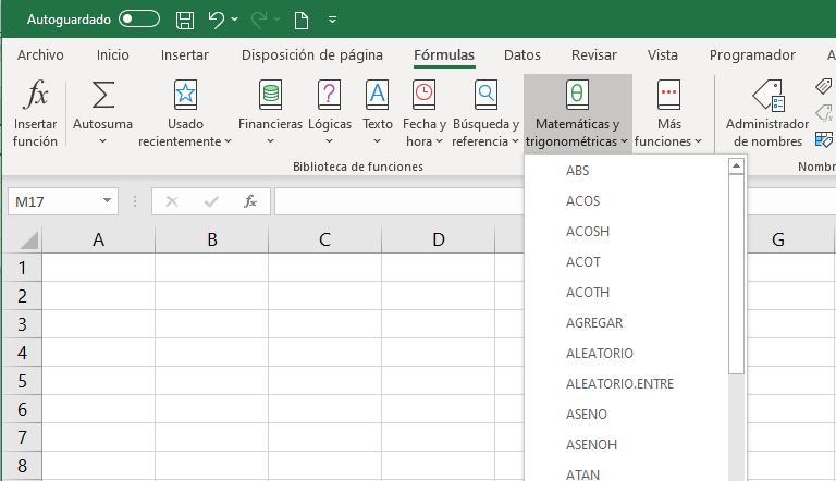 Pestaña Fórmulas en Excel