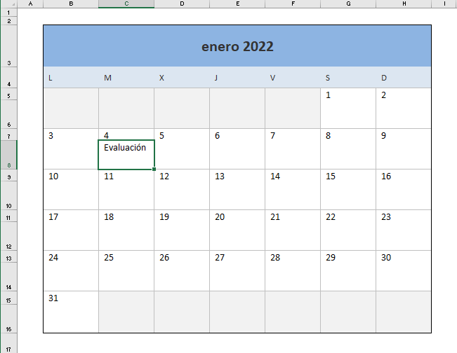 Calendario 2022 en formato Excel