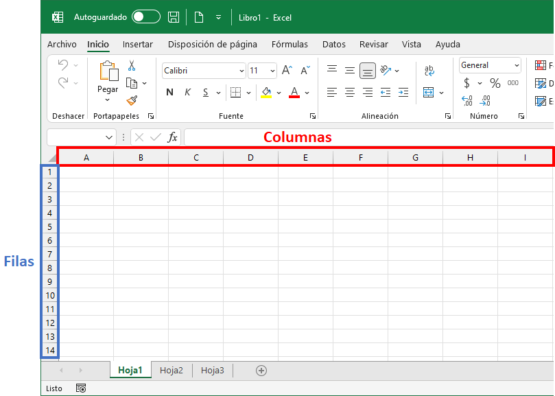 Filas y columnas en una hoja en Excel