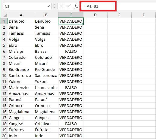 Fórmula para comparar dos columnas en Excel
