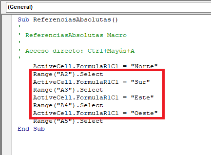 Código de la macro con referencias absolutas