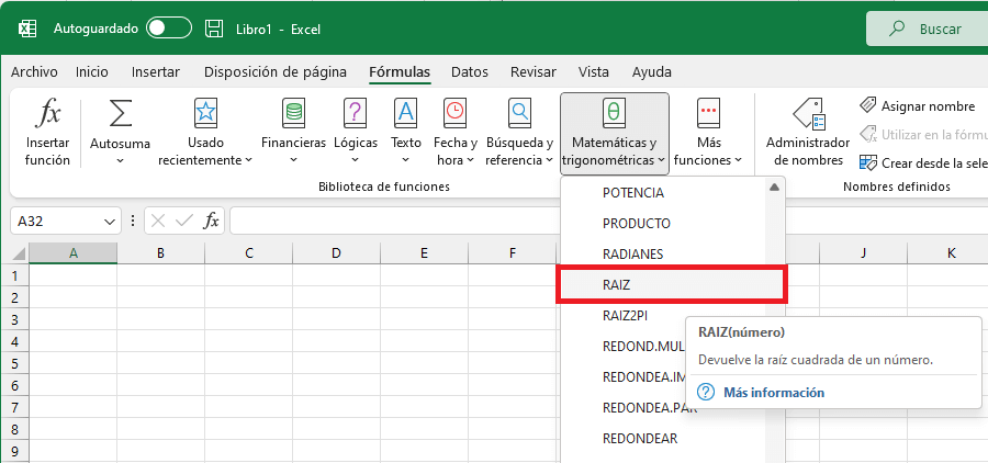 Función RAIZ en Excel